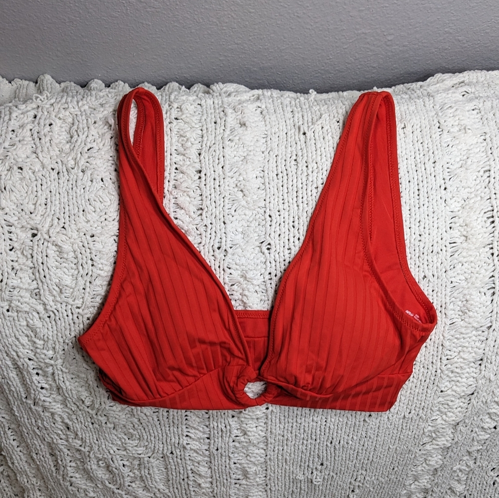 Aerie Large Scoop Bikini Top with Ring Detail, Red